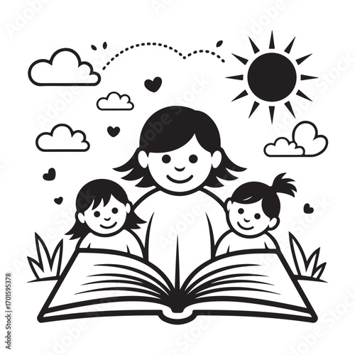 Happy mother reading a storybook to her two children outdoors on a sunny day silhouette