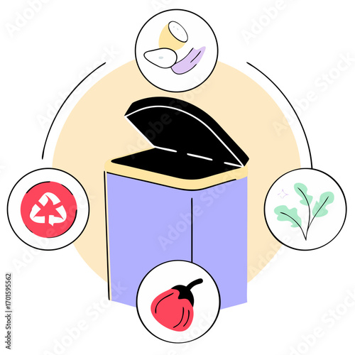 Composting organic waste in a bin with recycling symbol and food items isolated on transparent background