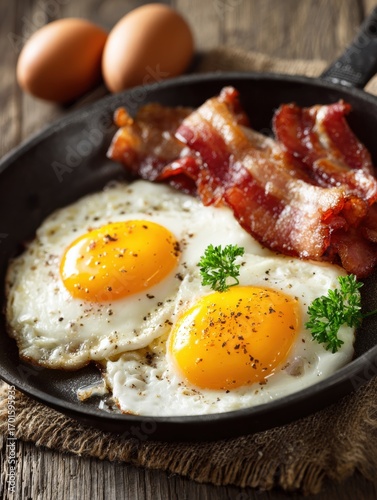 Delicious Fried Eggs and Crispy Bacon Breakfast