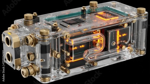 Transparent computer cooling system, internal components visible