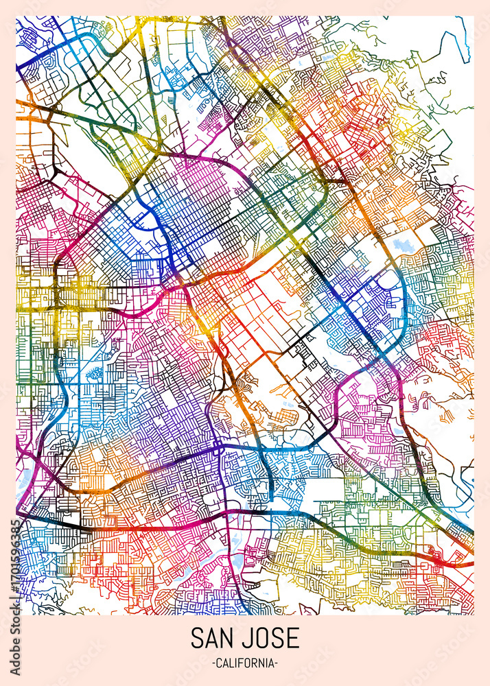 Obraz premium San Jose USA City Map. downtown tourism, house art travel, scenic metropolis concept, travel art city, patriotic abstract banner