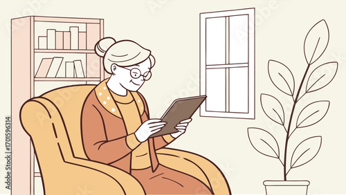 Elderly woman sitting comfortably in an armchair, reading a book or tablet, with a bookshelf and plant in the background