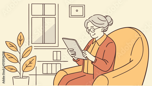 Elderly woman sitting comfortably in an armchair, reading a book or tablet, with a bookshelf and plant in the background