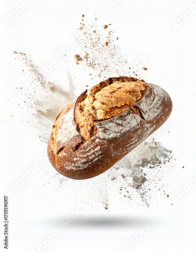 Flying artisan bread loaf breaking with flour burst on white background