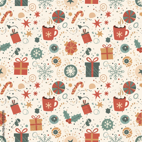 Festive Christmas pattern featuring gifts, snowflakes, candy canes, and warm cocoa, seamless pattern, royalty free stock.