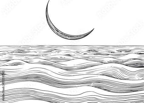continuous line art of crescent moon over ocean waves, black stroke, white background, calm night scene