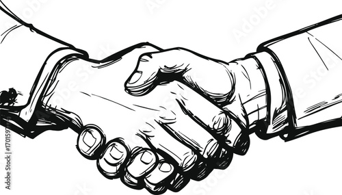 continuous line drawing of two hands shaking, black outline, white background, agreement concept 1