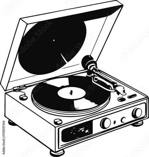 minimal line art of vinyl record player, black stroke, white background, retro music style 3