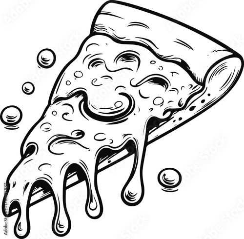 one line drawing of cheesy pizza slice with melting cheese, black stroke, white background, fun food design 2