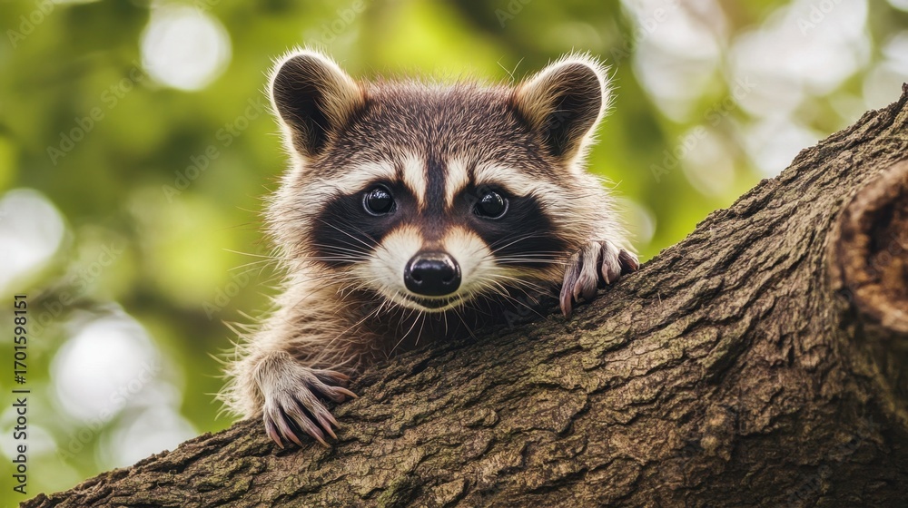 Fototapeta premium Curious Raccoon Peeking from Tree Branch in Natural Habitat
