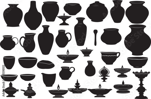 A collection of ceramic vases and black silhouette beverage icons with a variety of drink glasses, mugs, and wine bottles