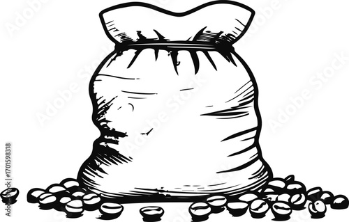 simple line art of coffee bean sack with few beans outside, black outline, white background, cafe theme 2