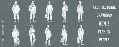 Architectural drawings of trendy Gen Z fashion people in casual streetwear with sneakers and backpacks, minimal hand drawn vector illustration for modern architectural presentations, elevations