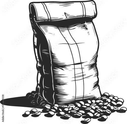  simple line art of coffee bean sack with few beans outside, black outline, white background, cafe theme 3