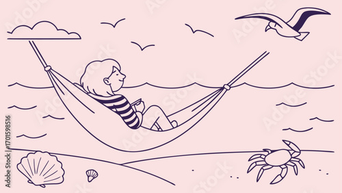 A person lounging in a hammock at the beach, gazing out at the ocean with seagulls flying above and beach details