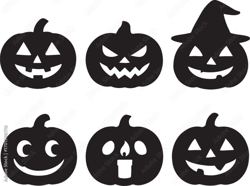 Obraz premium Set of Halloween pumpkin silhouettes – spooky black pumpkin icons with scary faces for festive decorations