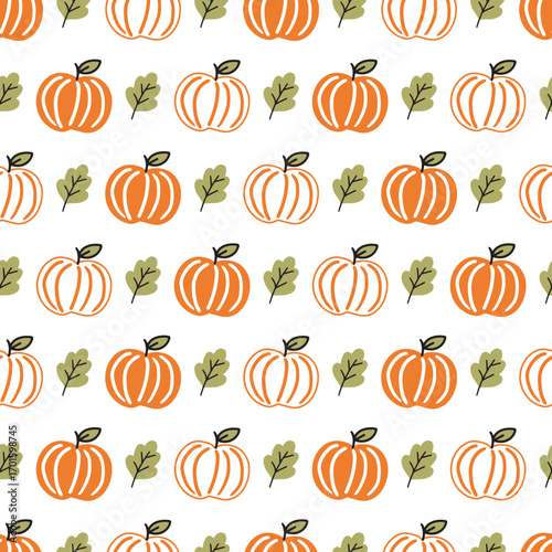 Hand Drawn Fall Harvest Pumpkin Doodle Pattern. Perfect for fall decorations, Thanksgiving prints, seasonal wrapping paper, and harvest-themed fabric.