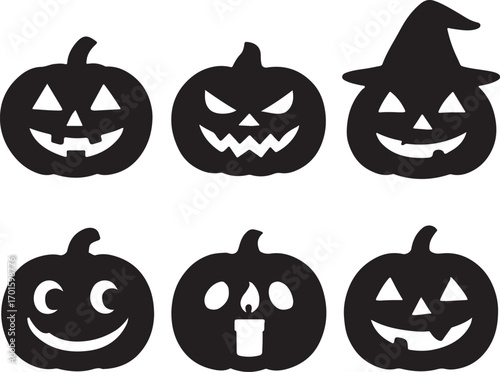 Set of Halloween pumpkin silhouettes – spooky black pumpkin icons with scary faces for festive decorations