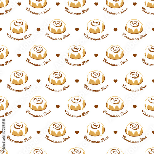 Cute Sweet Cinnamon Roll with Heart Vector Pattern. Food-themed pattern with cartoon cinnamon buns drizzled in cream, Perfect for bakery branding, dessert packaging, and sweet-themed