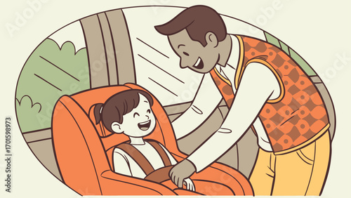 A smiling father is securing his happy child into a car seat, emphasizing safety and care during travel