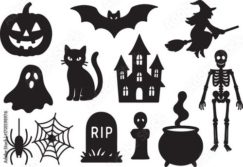 Set of Halloween silhouettes – spooky black icons of ghosts, pumpkins, bats, witches, haunted houses, black cats, spiders, and creepy elements for festive decorations
