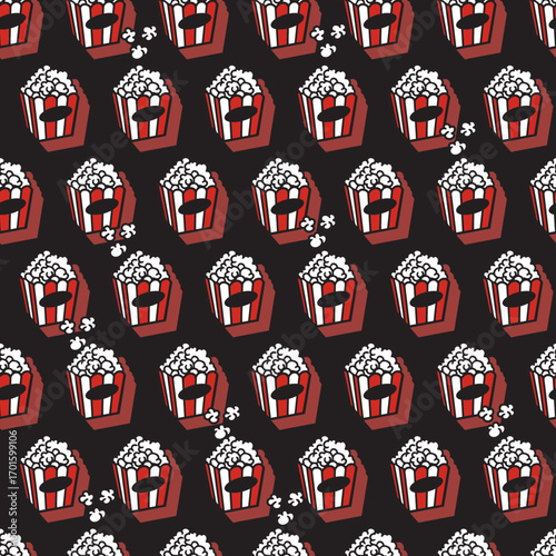 Junk Food Cinema Popcorn Snack Box Pattern. Perfect for movie-themed designs, fast food packaging, snack bar decor, party supplies, and playful textile prints.