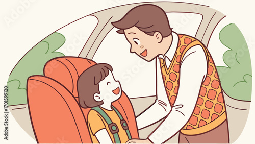 A smiling father buckles his happy child into a car seat, ensuring safety during their family road trip