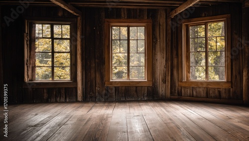 Rustic interior, wooden walls, and windows