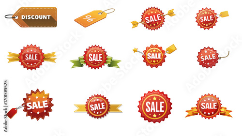 Set of Discount Percentage Tags, Sale Offer Badges, Promotional Price Labels
