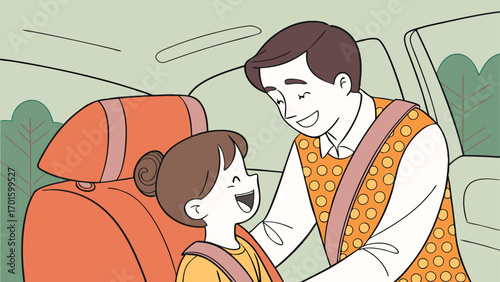 Father and daughter smiling while buckling up their seat belts in a car, emphasizing safety and family bonding during travel