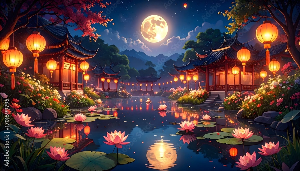 Fototapeta premium Asian Garden with Pagodas and Full Moon