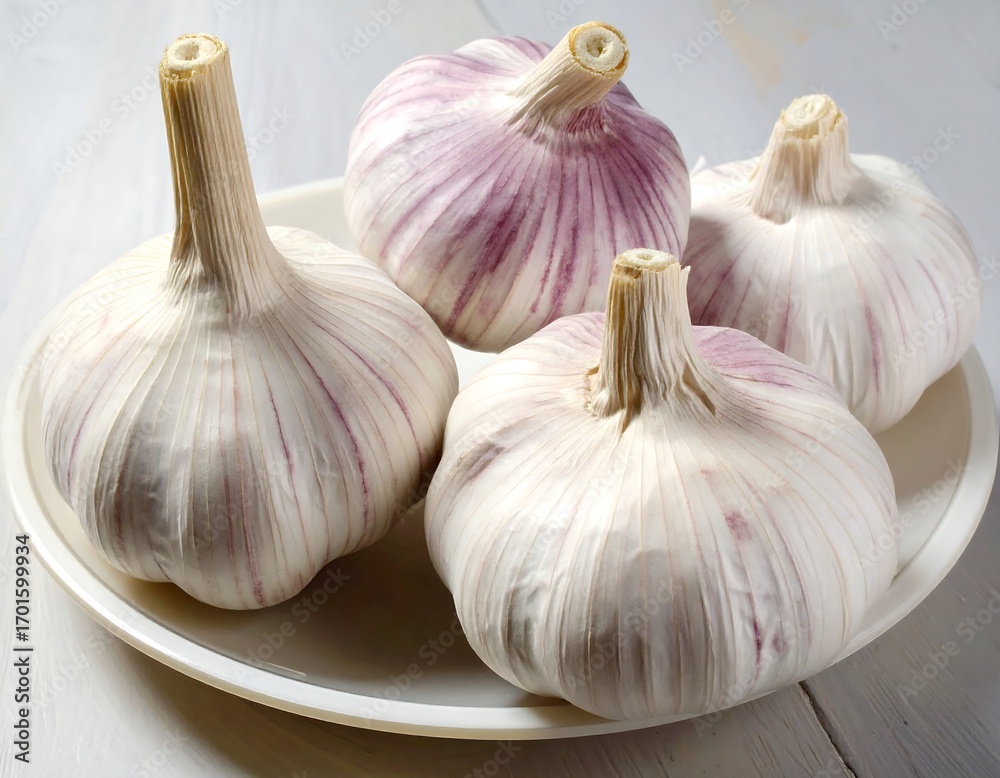 Obraz premium Four whole heads of garlic rest on a white plate, showcasing their delicate purple and white striped exterior.