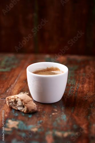 Cup of coffee on wooden background. Soft focus. Copy space	
