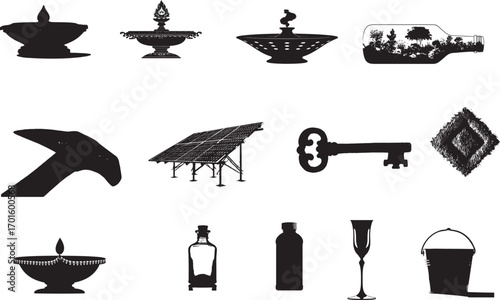 Black icons set with various travel symbols, including a beach sign, silhouette, and vector illustrations, for a modern design
