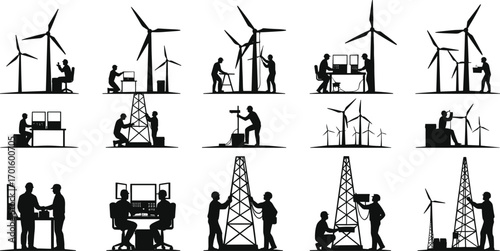 Vector illustration of wind turbine engineers and workers performing maintenance, renewable energy technology, clean power generation, sustainable electricity, and eco infrastructure.