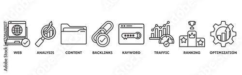SEO icon set illustration illustration concept with icon of web, analysis, content, backlinks, keyword, traffic, ranking, optimization 