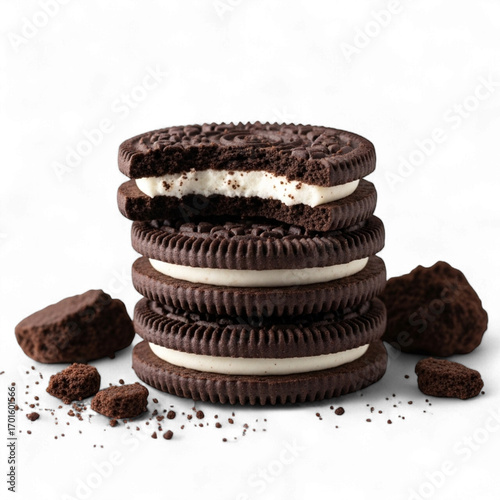 A stack of chocolate sandwich cookies with cream filling isolated on transparent background