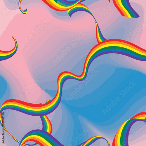 Abstract illustration of rainbow ribbons with fluid color background for LGBTQ+ pride concept design, patern seamless, Stock royalty image.