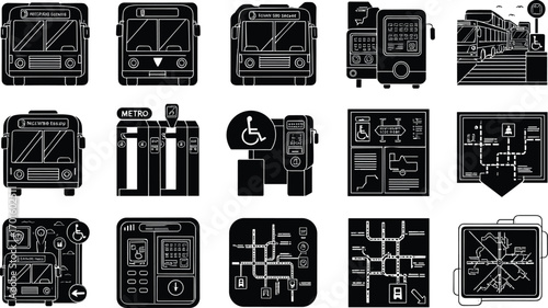 Vector illustration of public transportation system with buses, metro gates, ticket machines, accessibility signs, passenger maps, and urban travel icons.