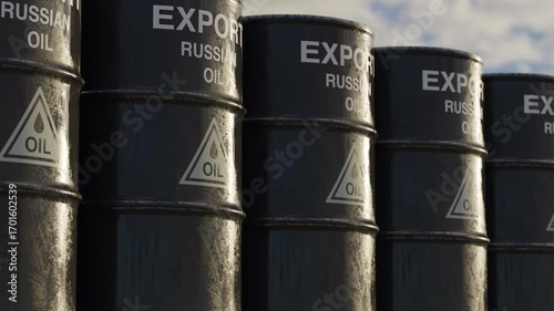 Close-up of black Russian oil barrels with export marking. Perfect for energy, trade, and global economy projects. Seamless loop animation for modern media use.
