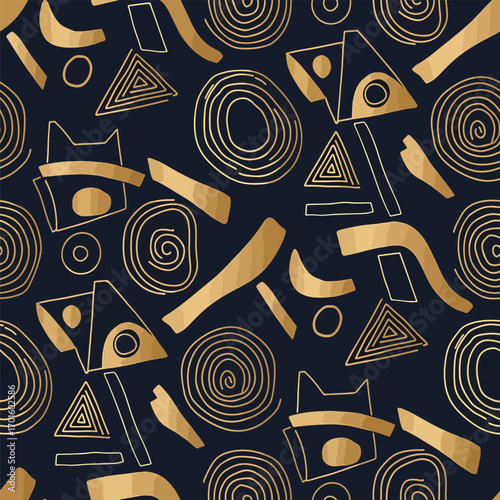 Elegant abstract pattern featuring golden shapes on a dark navy background, seamless pattern, Stock royalty free image.