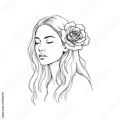 Elegant line art portrait of a woman with a flower in her hair. Hand-drawn fashion sketch, minimalist abstract beauty logo for salon or spa.
