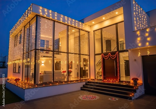 Photo of a modern house is decorated with lights and candles for the diwali festival, creating a warm and inviting atmosphere for celebration and joy