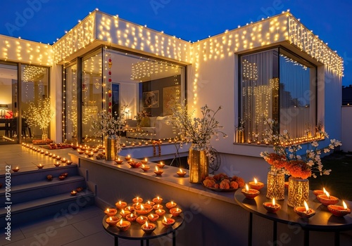 Photo of a beautifully decorated house with lights and candles for diwali, creating a festive and inviting ambiance for a joyful celebration with family