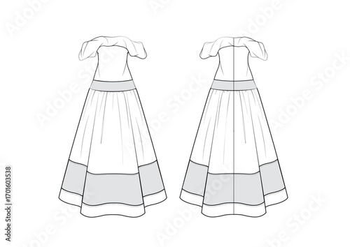 Women Off Shoulder Drapery Voluminous Flowing Skirt Cocktail Evening Gown Dress, Front & Back view, fashion flat sketch, Editable Flat Technical Drawings Illustration, Dress Mockup, dress CAD