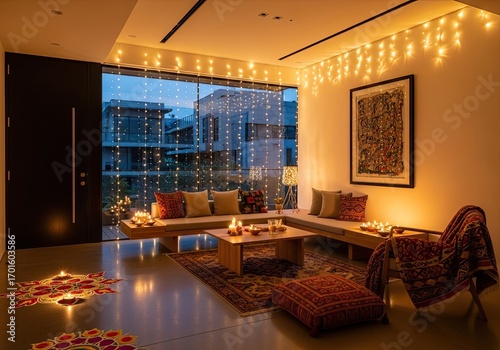 Photo of a cozy living room is decorated with string lights and candles for diwali celebration, creating a warm and festive atmosphere for family gatherings