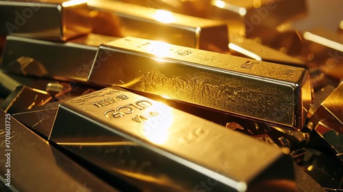 Gleaming gold bars stacked on a bed of nuggets reflecting warm light in a dimly lit environment, evoking a sense of wealth and luxury