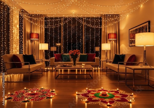 Photo of beautiful living room decorated with fairy lights and rangoli patterns for diwali celebration, creating a warm and festive atmosphere in the home
