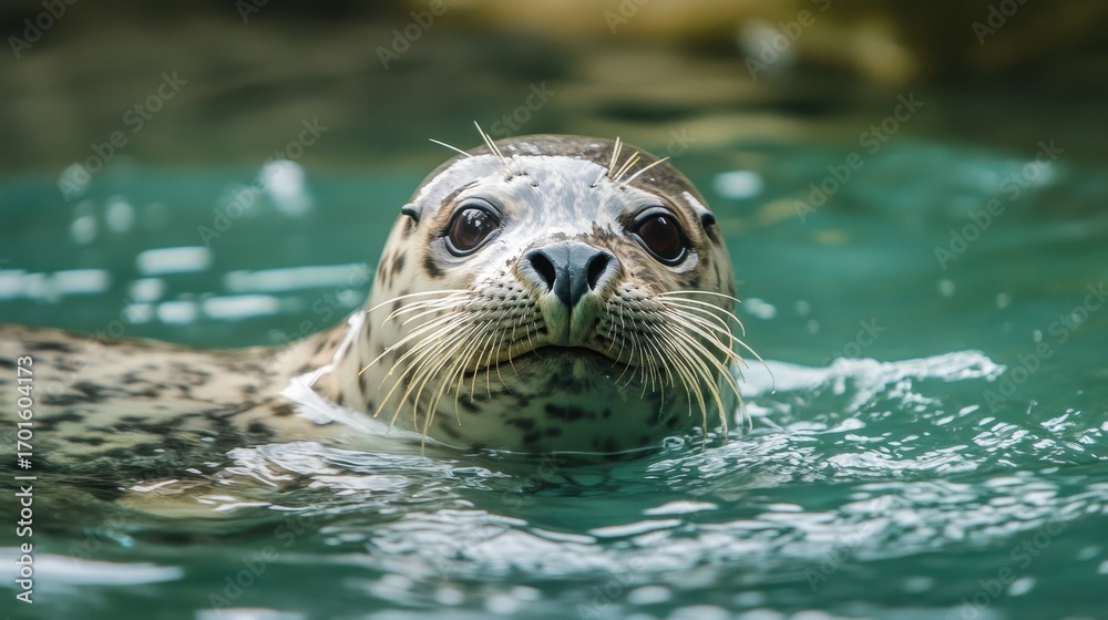 Fototapeta premium Close-Up of a Curious Seal Swimming in Clear Blue Water