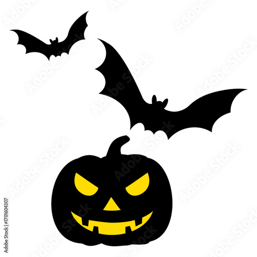 Logo con calabaza de Halloween con murciélagos volando para tarjetas y felicitaciones